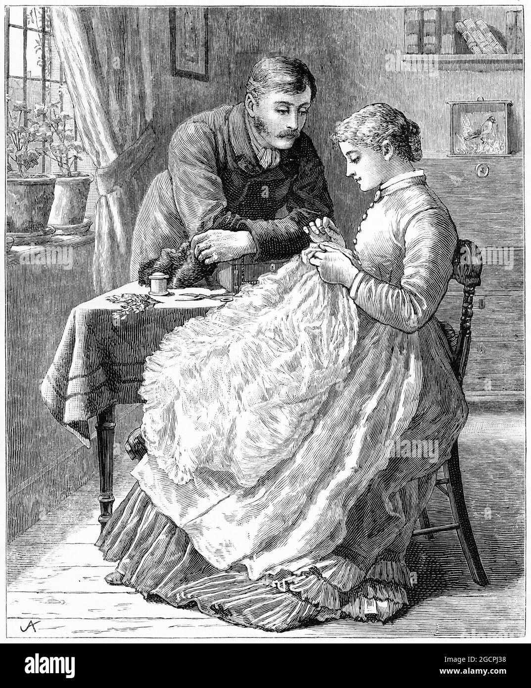 Engraving of a man watching his wife sewing clothes by hand, circa 1890 Stock Photo