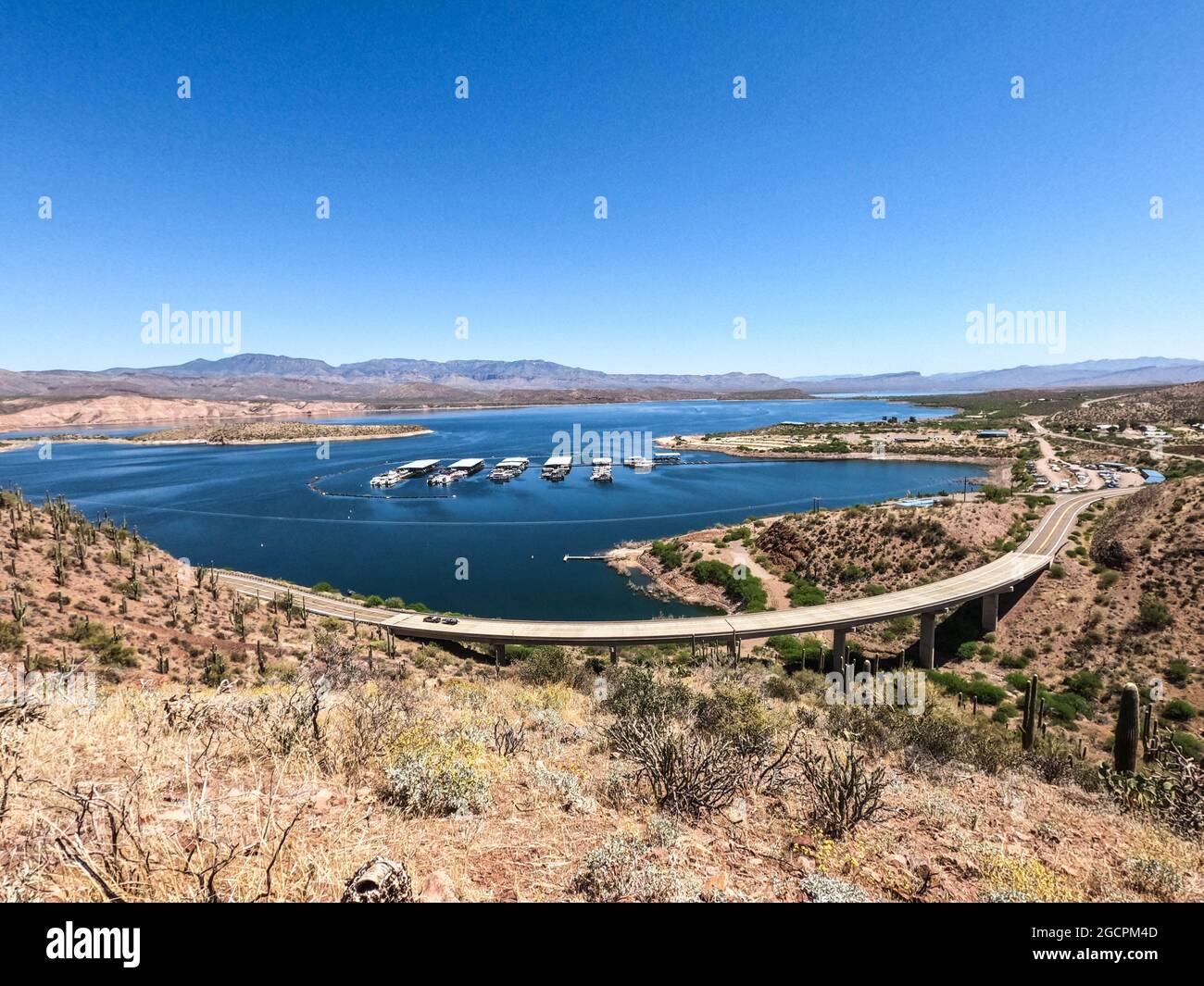 View of Roosevelt Lake Marina from the Arizona Trail, Roosevelt, Arizona, U.S.A Stock Photo