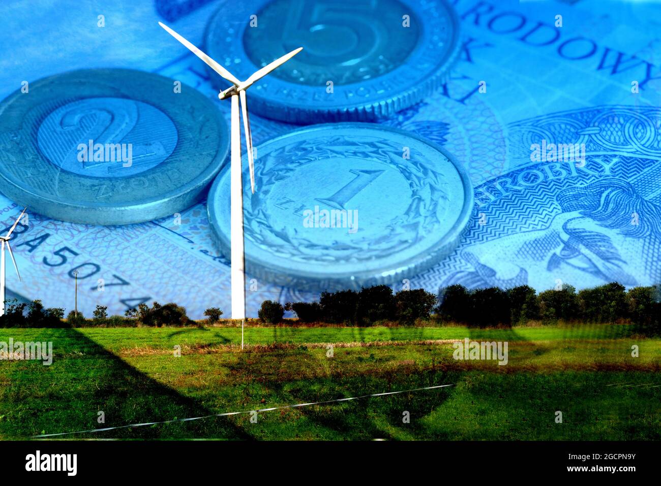 A wind turbine in Poland and money Polish zloty PLN Stock Photo Alamy