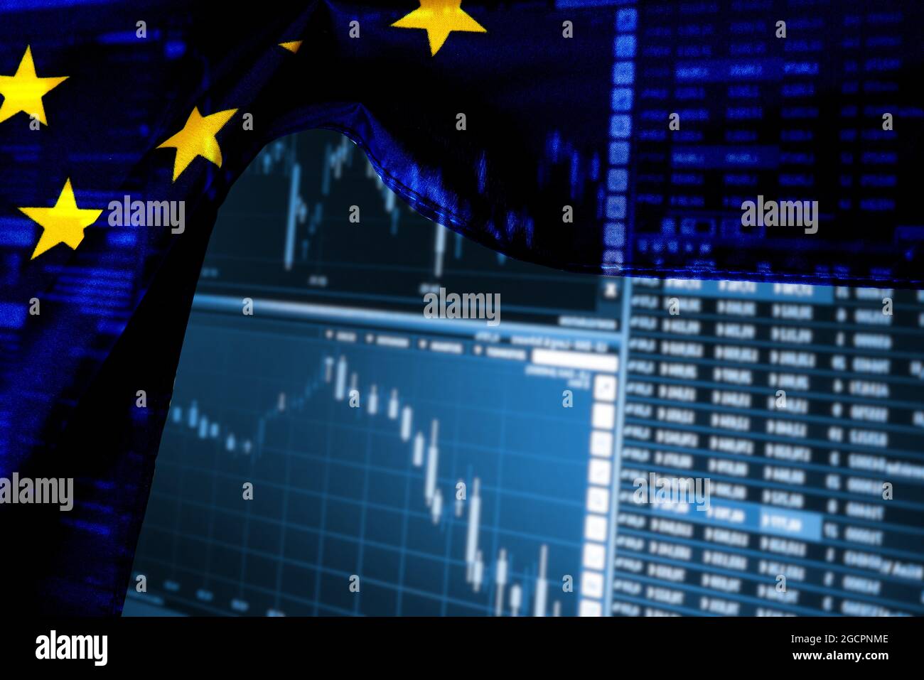 Stock exchange, price board and flag of the European Union EU Stock Photo
