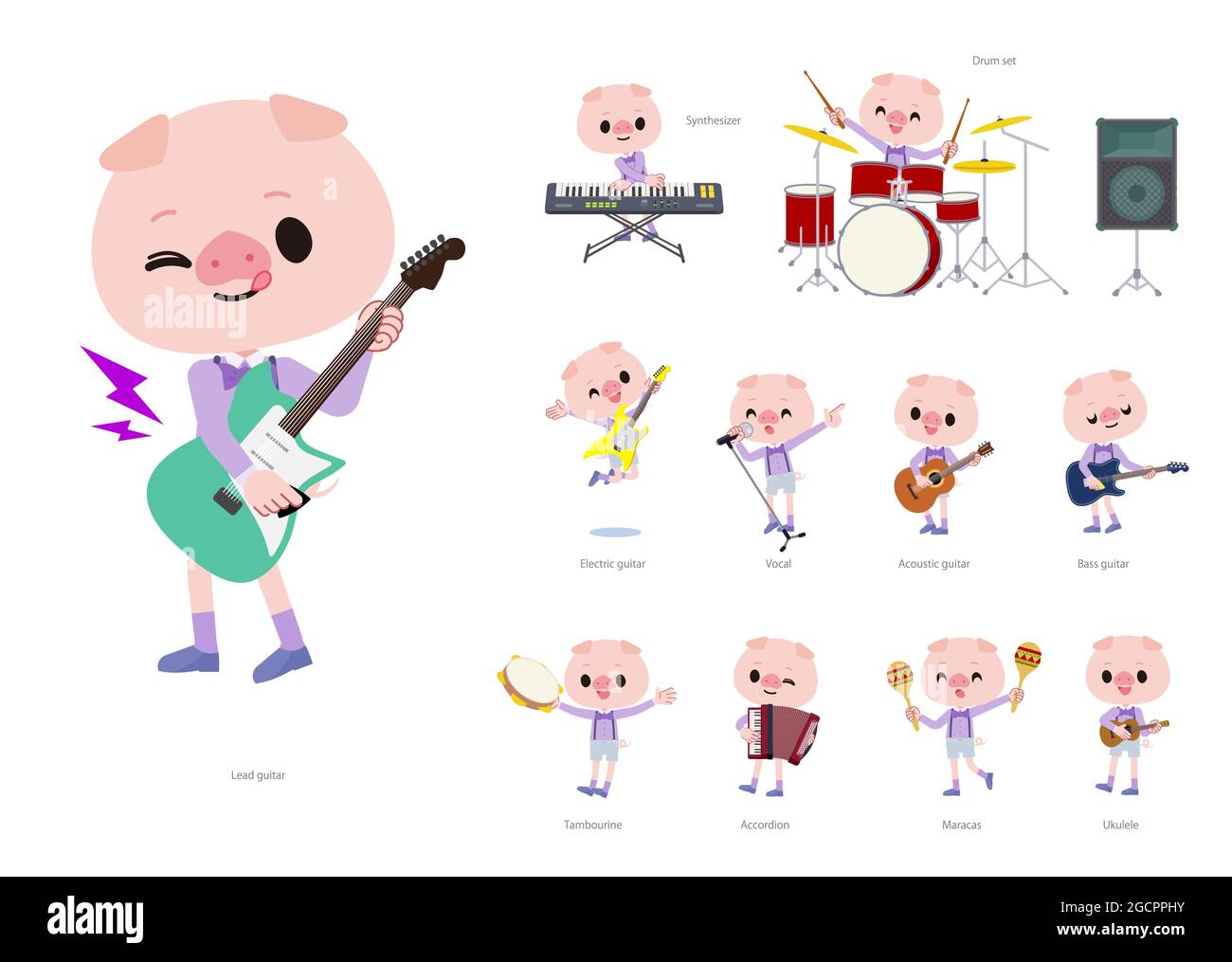 A set of Pig boy playing rock 'n' roll and pop music.It's vector art so it's easy to edit. Stock Vector