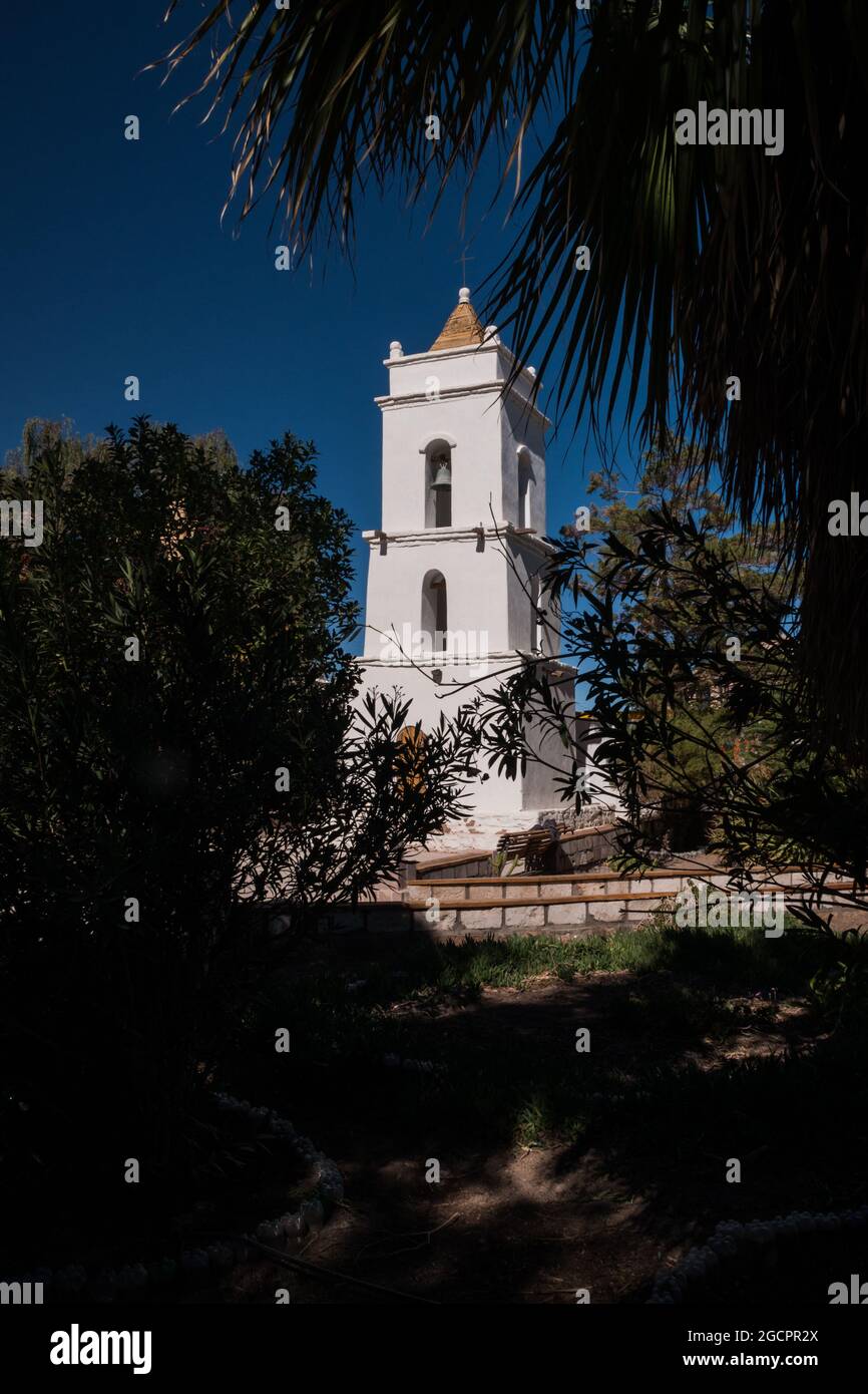 Church's tower of the small Toconao village in the Atacama Desert Stock Photo