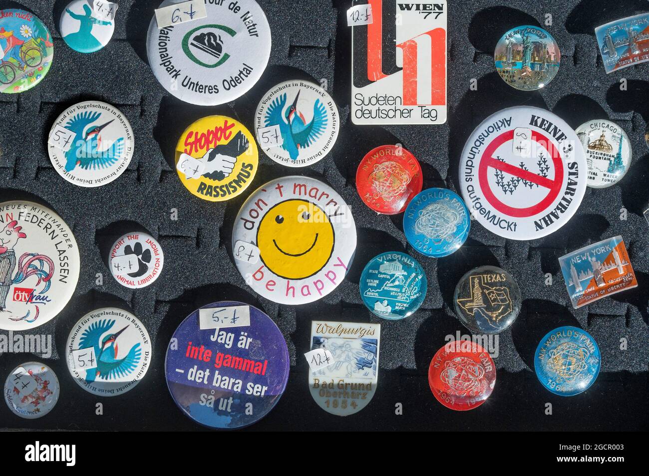 Various badges, Auer Dult, Munich, Upper Bavaria, Bavaria, Germany Stock Photo