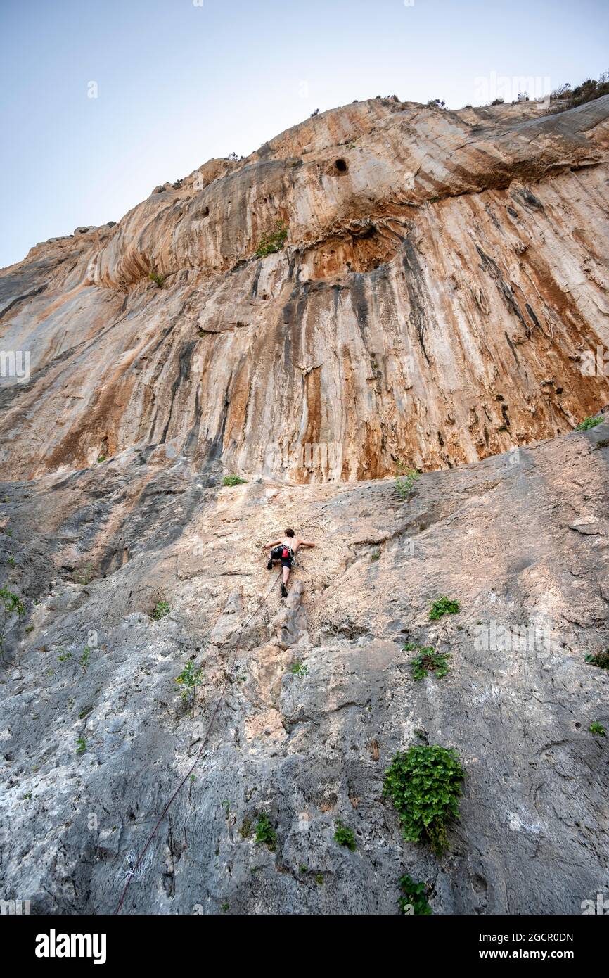 Climbing on a rock face, lead climbing, sport climbing, Kalymnos, Dodecanese, Greece Stock Photo