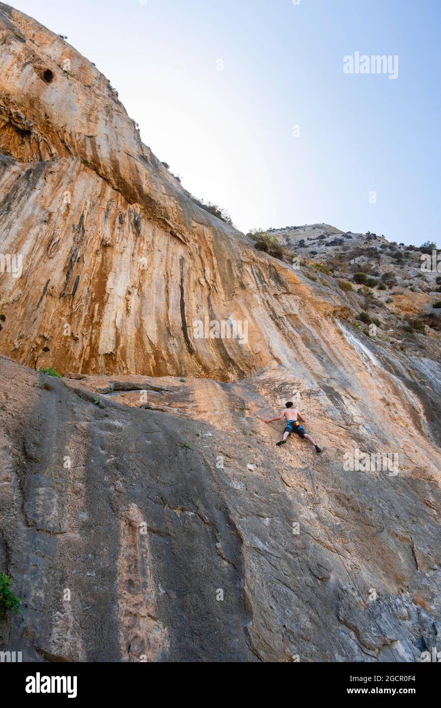 Climbing on a rock face, lead climbing, sport climbing, Kalymnos, Dodecanese, Greece Stock Photo