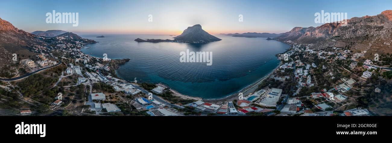 Aerial View Panorama With Telendos Island Town View And Port Of aerial-view-panorama-with-telendos-island-town-view-and-port-of