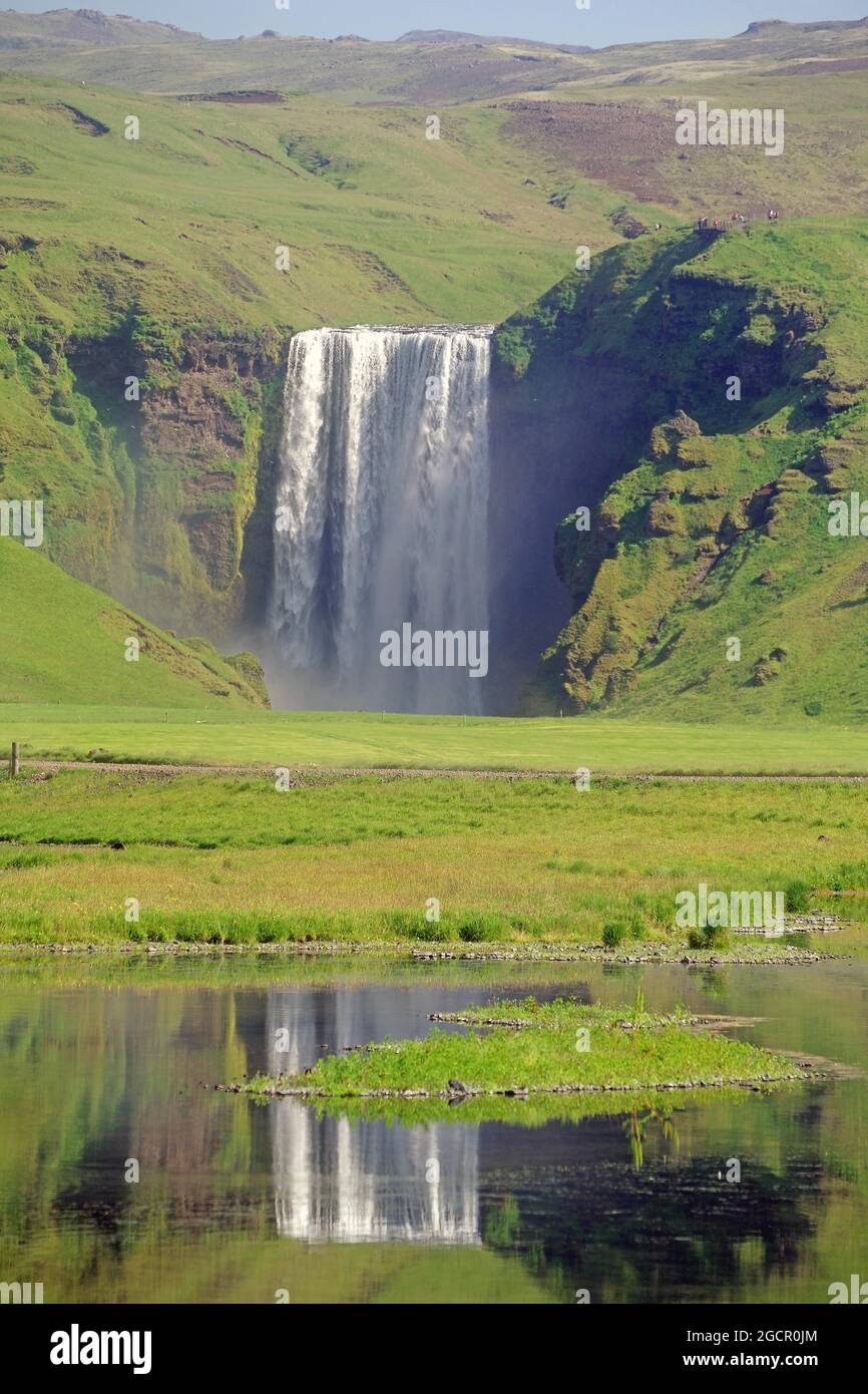 Masses of water plunge vertically into the depths, reflection in the water, green landscape, Skogafoss, Iceland Stock Photo