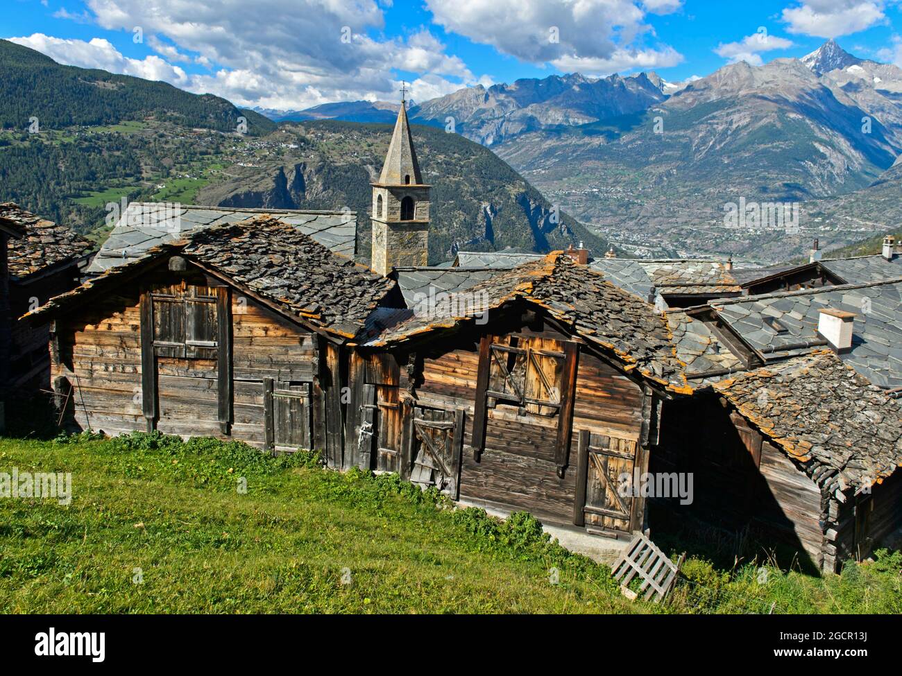 Restored wooden storage huts, Visperterminen, Valais, Switzerland Stock Photo