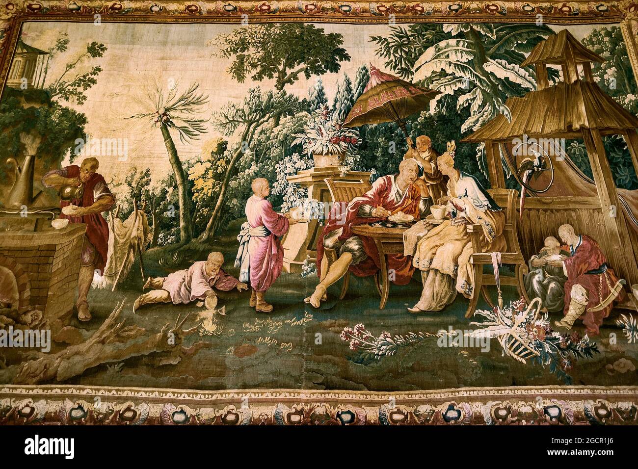 Tapestry, The Tea, Aubussonum 1755/75, designed by Jean Joseph Dumons, National Museum, Munich, Upper Bavaria, Bavaria, Germany Stock Photo