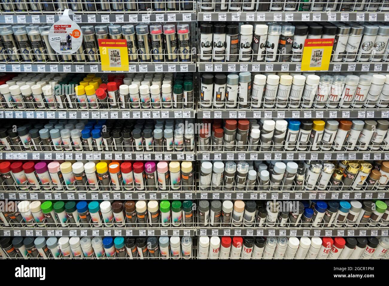 Paint and varnish spray cans in DIY store, Munich, Upper Bavaria