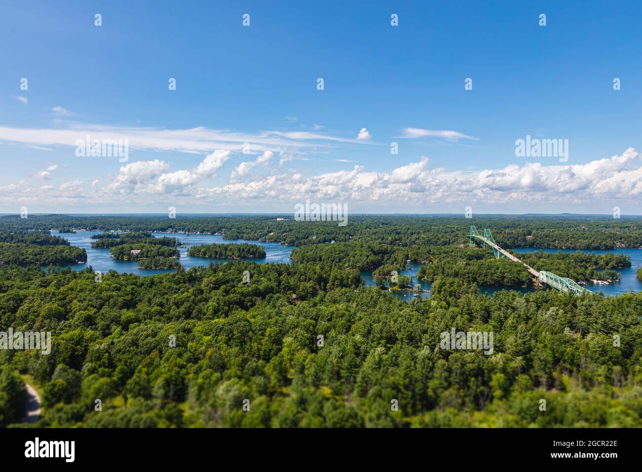Aerial view over the landscape of the thousand islands, Ontario, Canada near the city of Ottawa. Drone view of the small islands and the forest in the Stock Photo