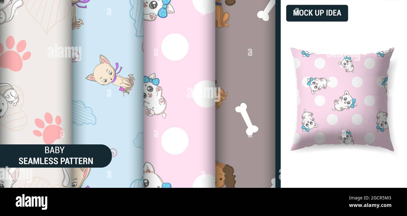 Cute Cartoon Dogs and Cats, Pet Doodle Set, Seamless Pattern Collection ...