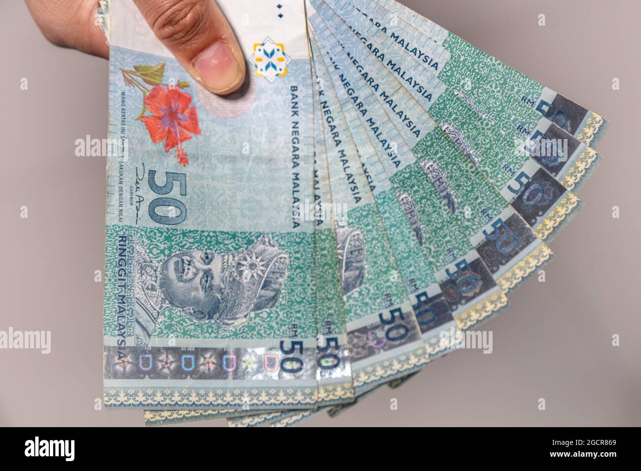 A collection of Fifty malaysian ringgit banknotes in a female hand. Woman hand show Malaysia Ringgit banknotes. Girls hands holding money of Malaysia. Stock Photo