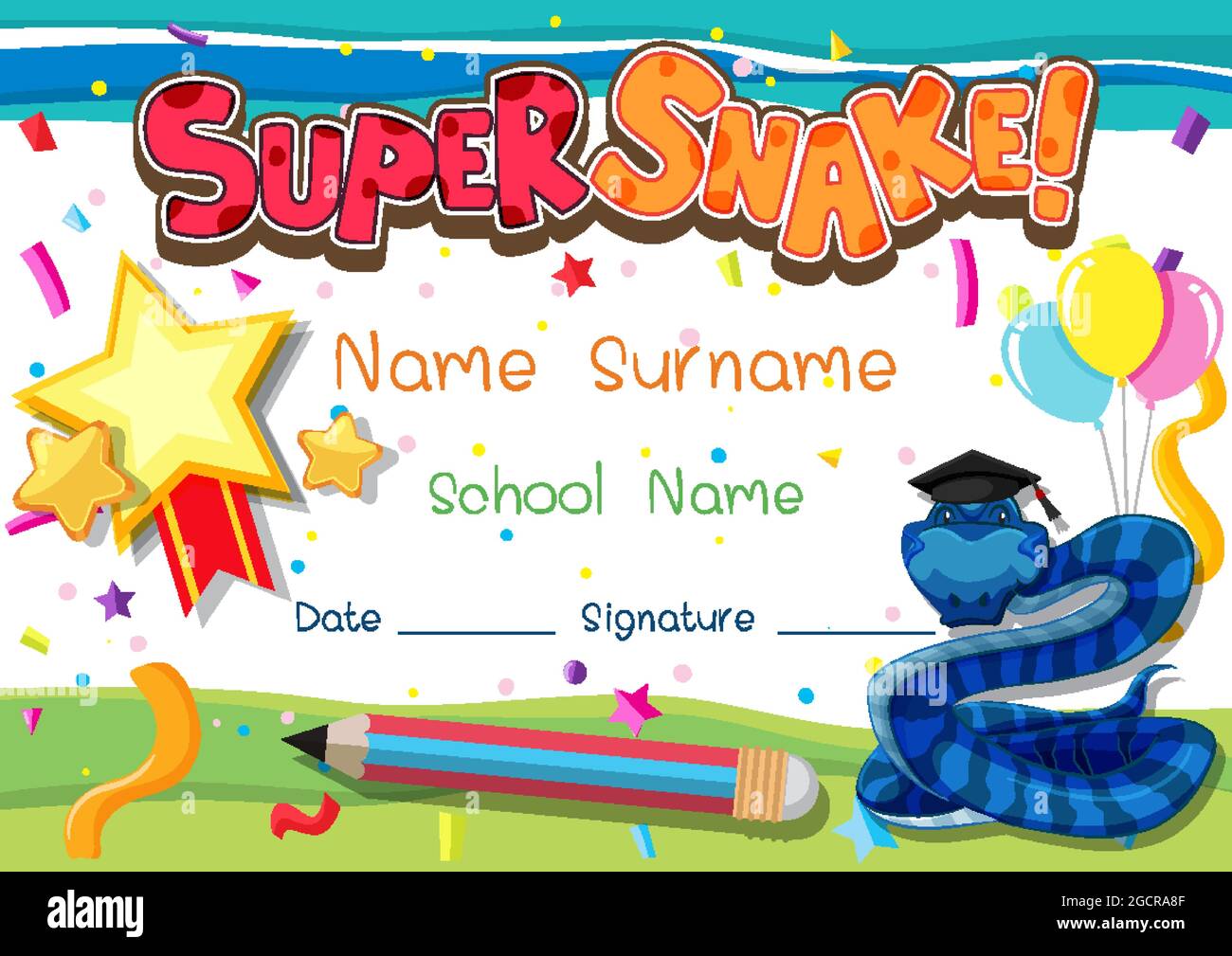 Diploma or certificate template for school kids with super snake ...