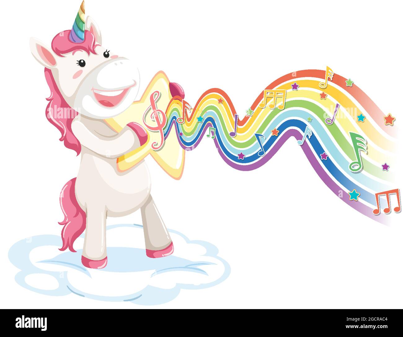 Unicorn standing on the cloud with melody symbols on rainbow wave ...