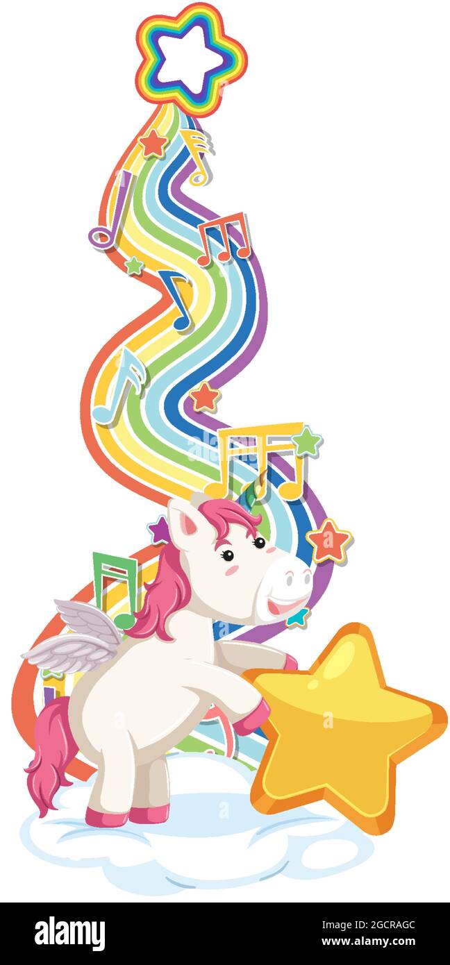 Unicorn standing on the cloud with rainbow on white background ...