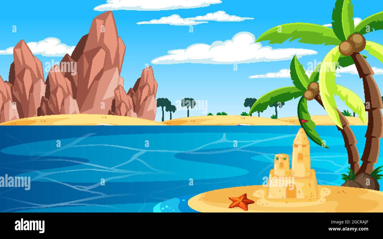 Beach at daytime landscape scene with sand castle and palm tree ...