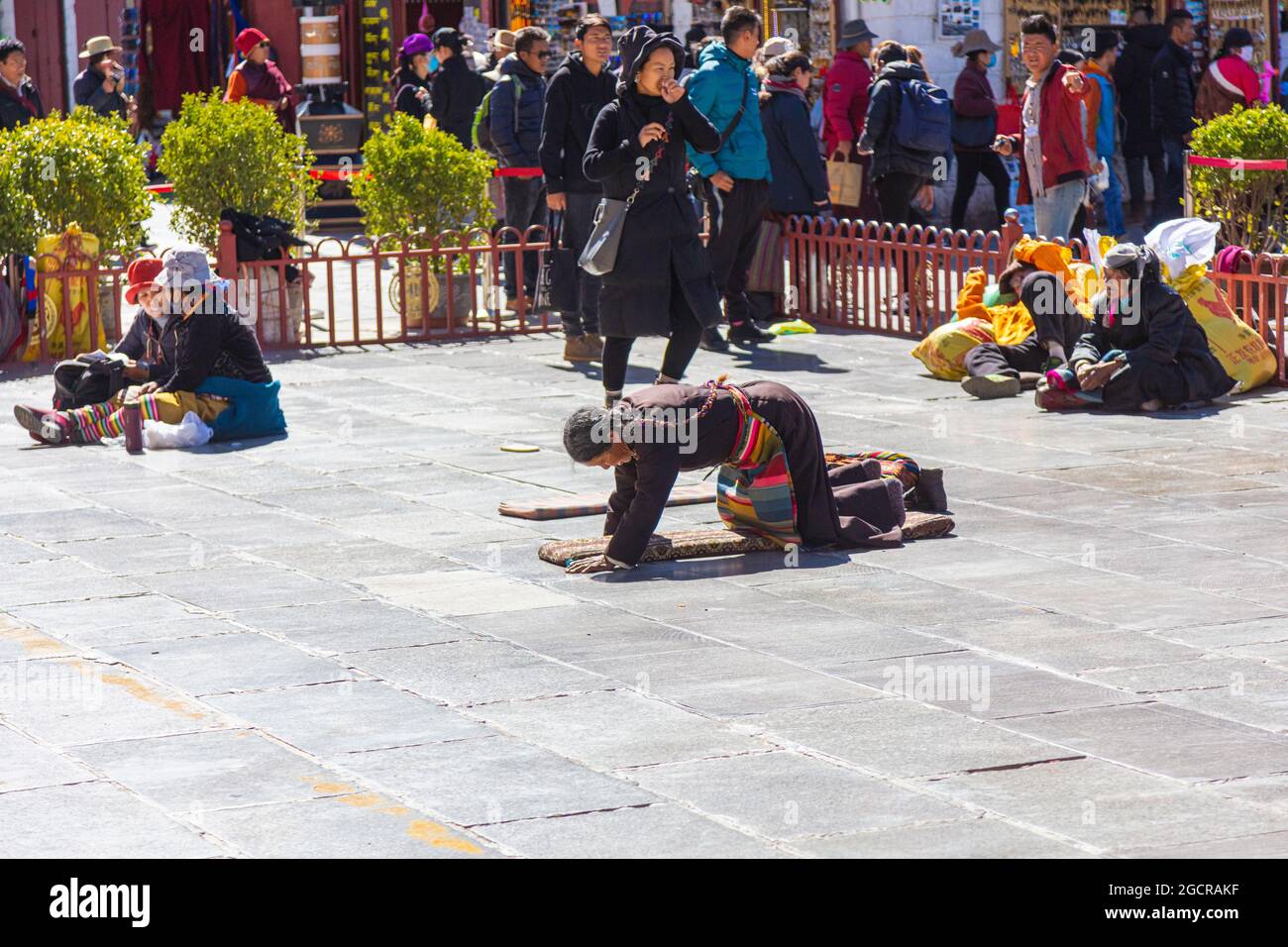 Lhasa, Tibet, China - November 15, 2019:  Tibetan  woman prays on her knees in front of the Jokhang Temple.  Sliding on the floor on the knees for hou Stock Photo