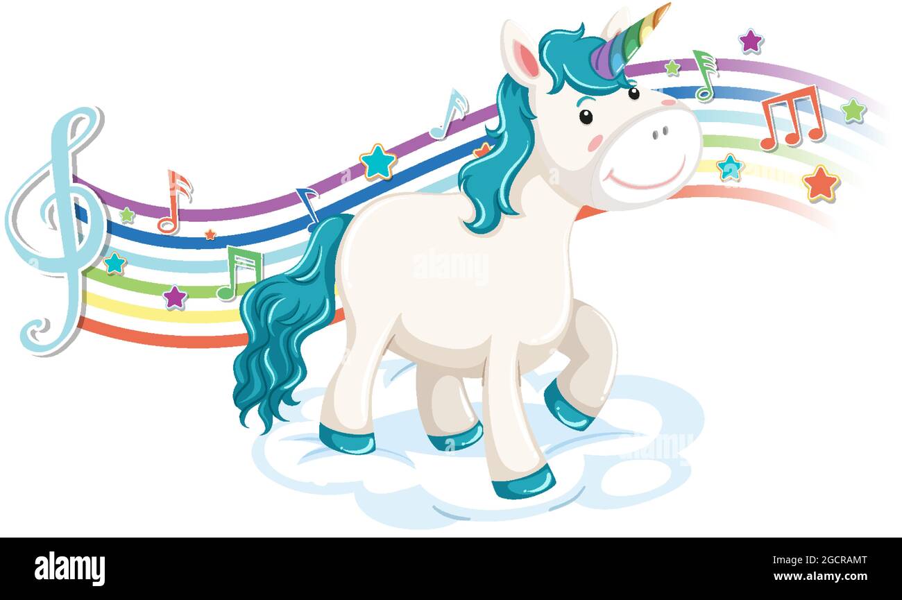 Cute unicorn standing on the cloud with melody symbols on rainbow ...