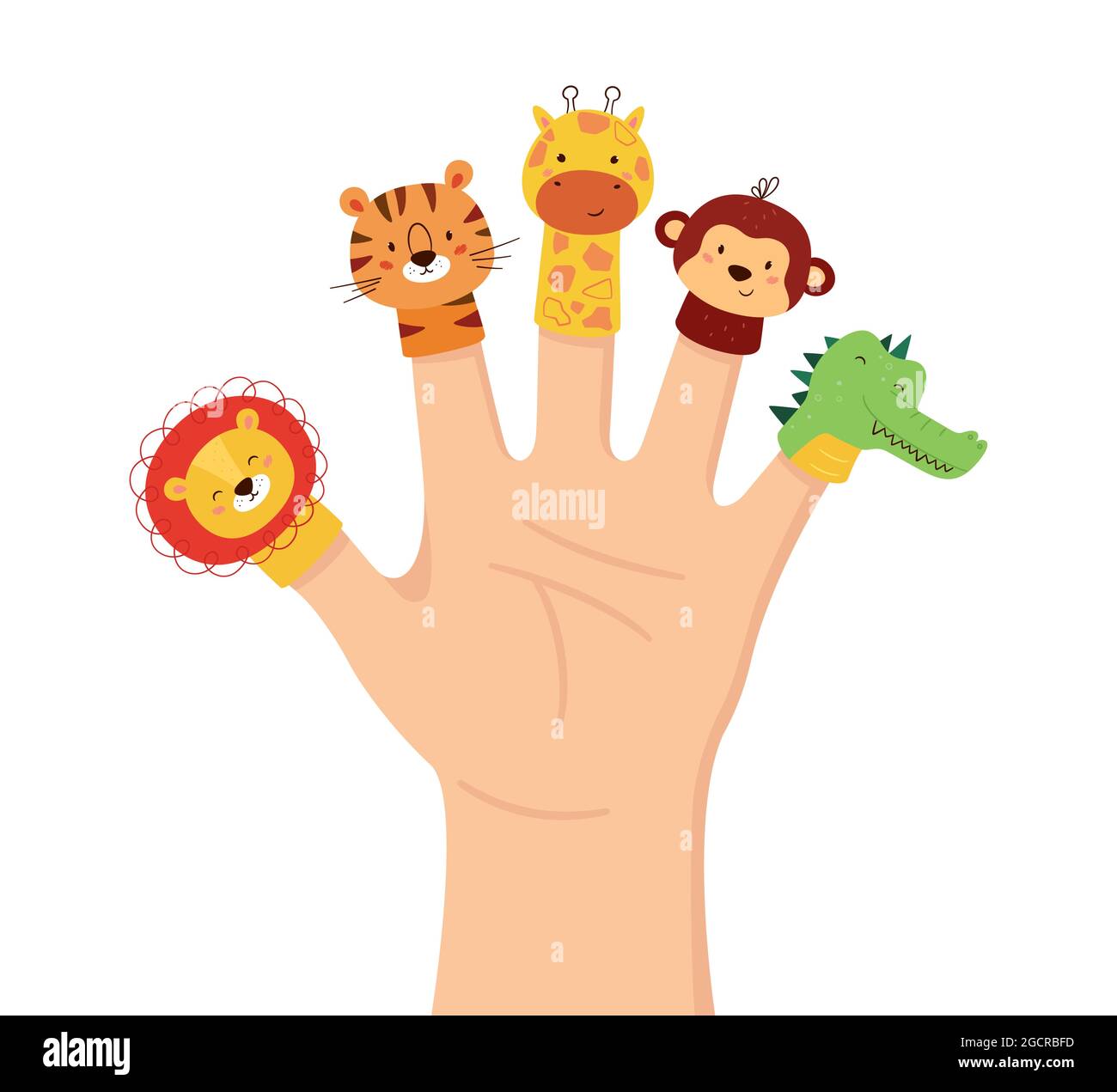 Hand animal puppets. Children finger theater. Family leisure. Lion, tiger, giraffe, monkey and Crocodile dolls. Vector illustration isolated on white Stock Vector