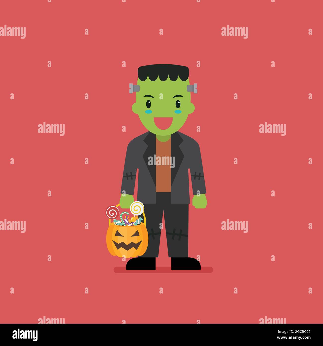 Boy with pumpkin basket dressed in green zombie costume. Vector