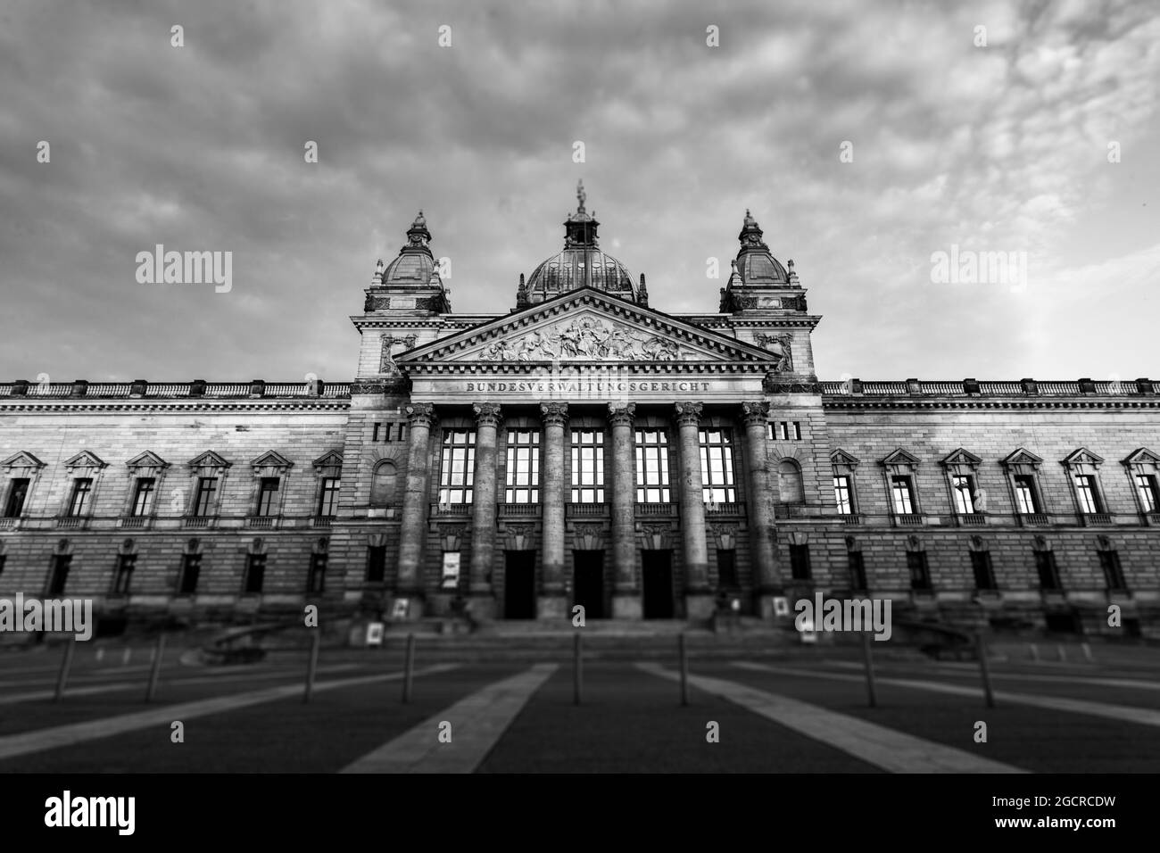 Black and  white capture of the federal court building at the city of Leipzig.  In the time of the GDR, the Bundesverwaltungsgericht was the Georgi Di Stock Photo
