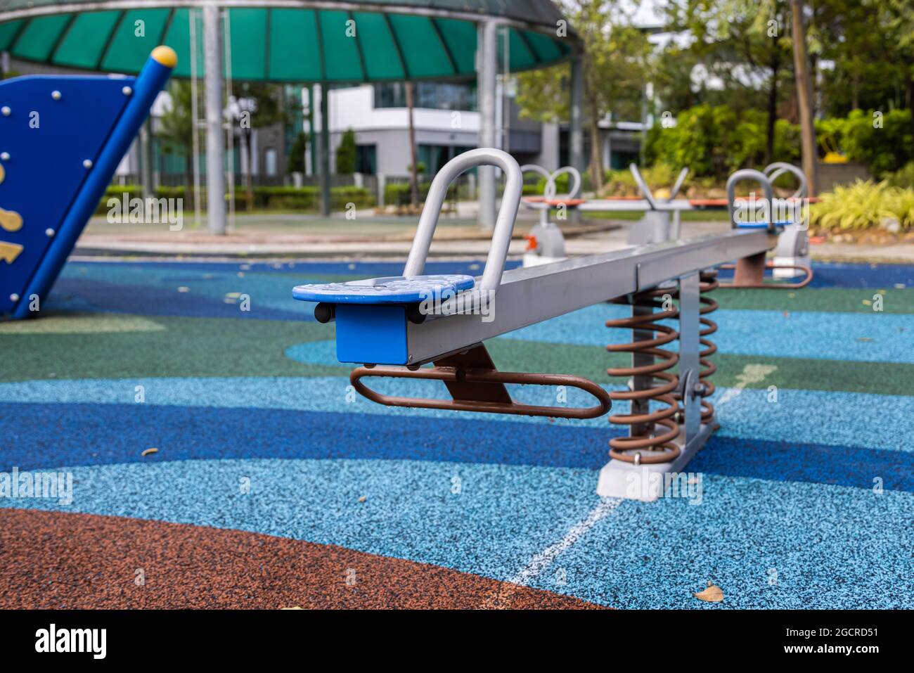 Cyberjaya, Malaysia - November 06, 2020: An abandoned seesaw in a playground. Playgrounds are blocked for use in the Corona Lock downs. Covid-19 also Stock Photo