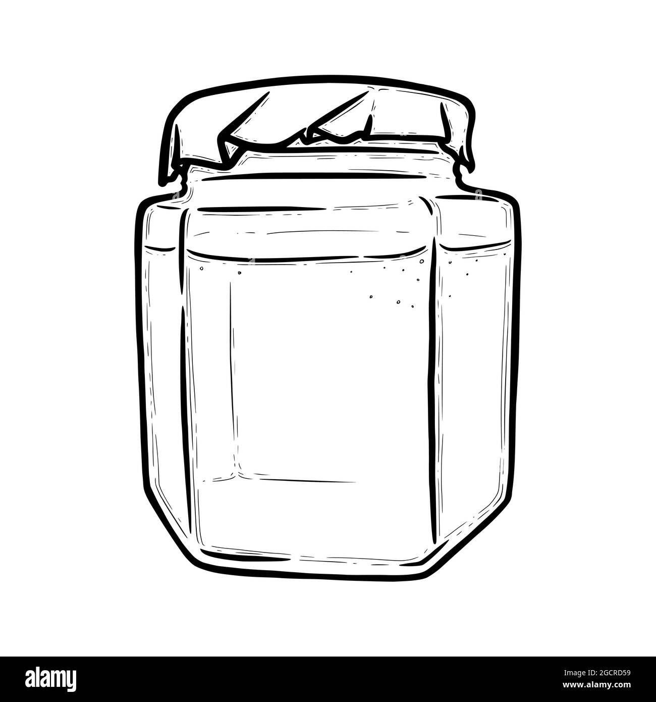 Glass jar front view. Hexagonal jar for preserves of pickles, honey or jam. Hand drawn vector illustration isolated in white background Stock Vector