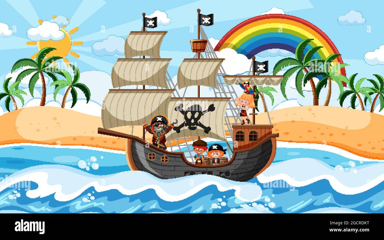 Beach with Pirate ship at daytime scene in cartoon style illustration ...