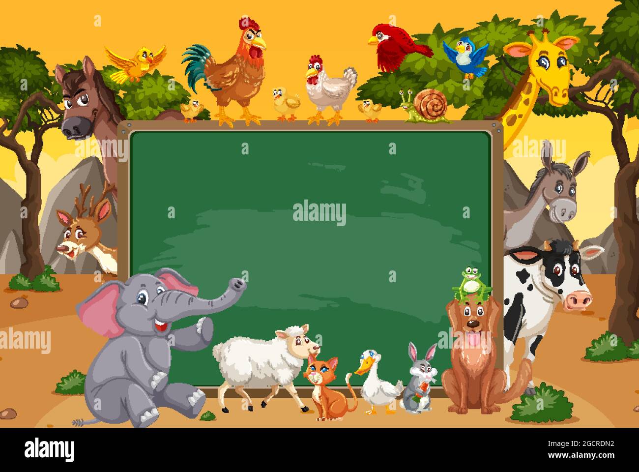 Empty blackboard with various wild animals in the forest illustration ...