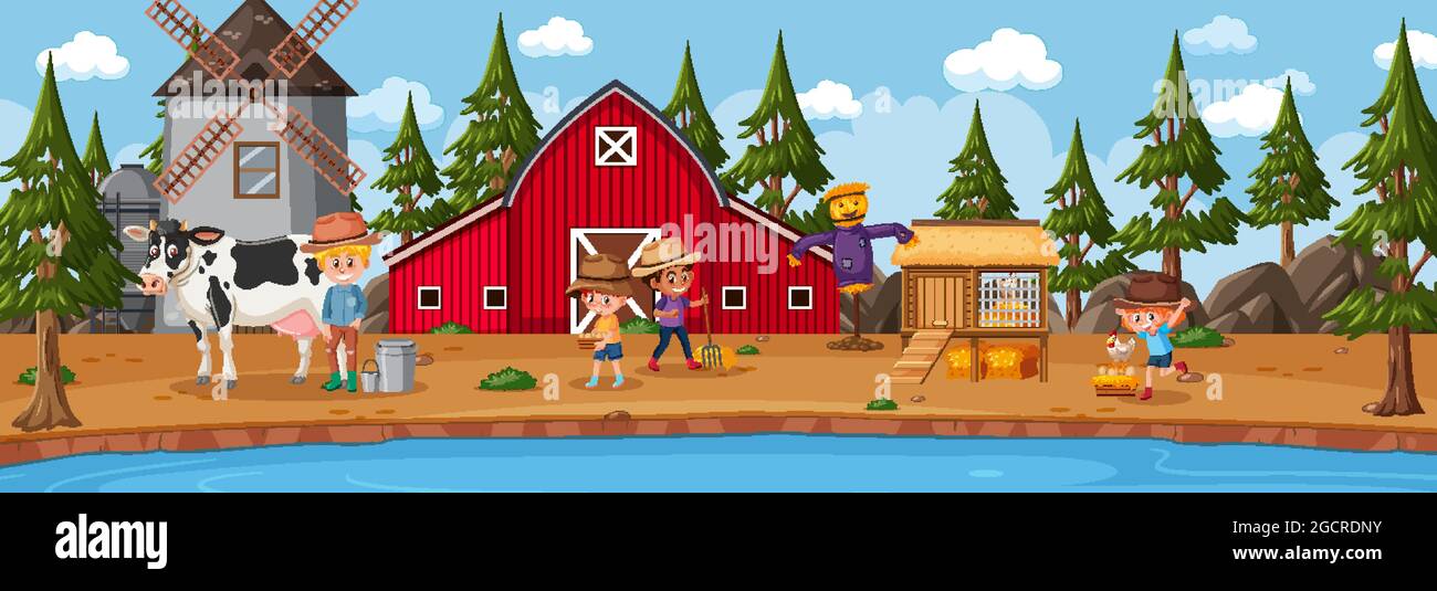 Farm horizontal landscape scene with farmer kids cartoon character ...