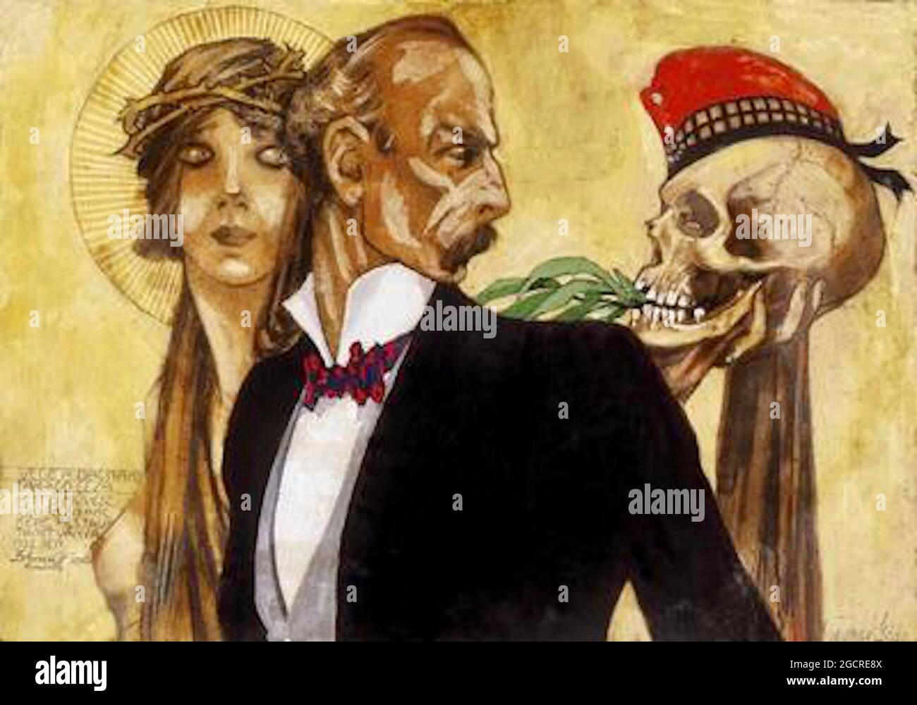Géza Faragó artwork entitled The End of War - 1918 - Well dressed gentleman looks back to the war and a masculine skull. Ahead lies feminine hope. Stock Photo