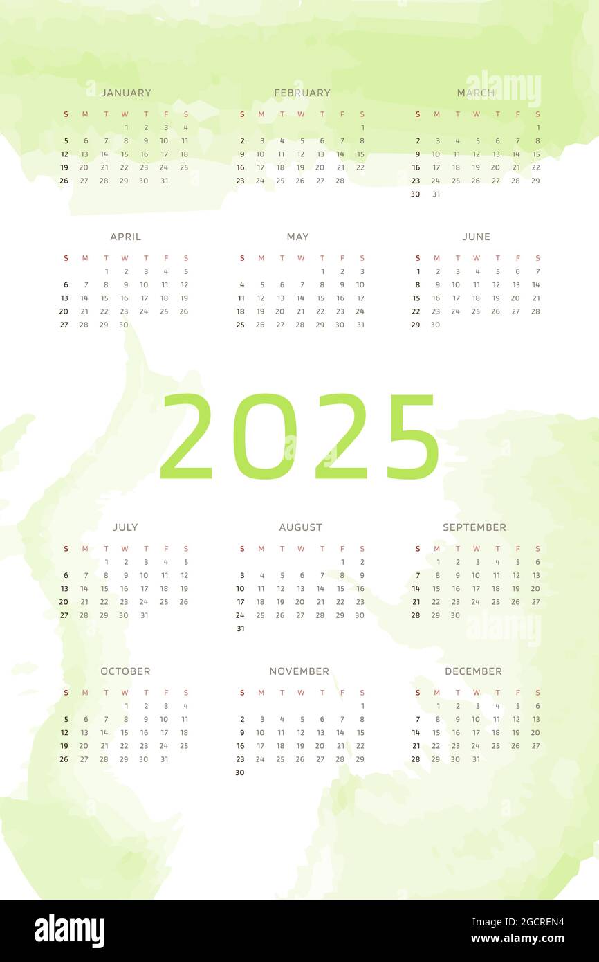 2025 calendar template on Chartreuse green background with handdrawn