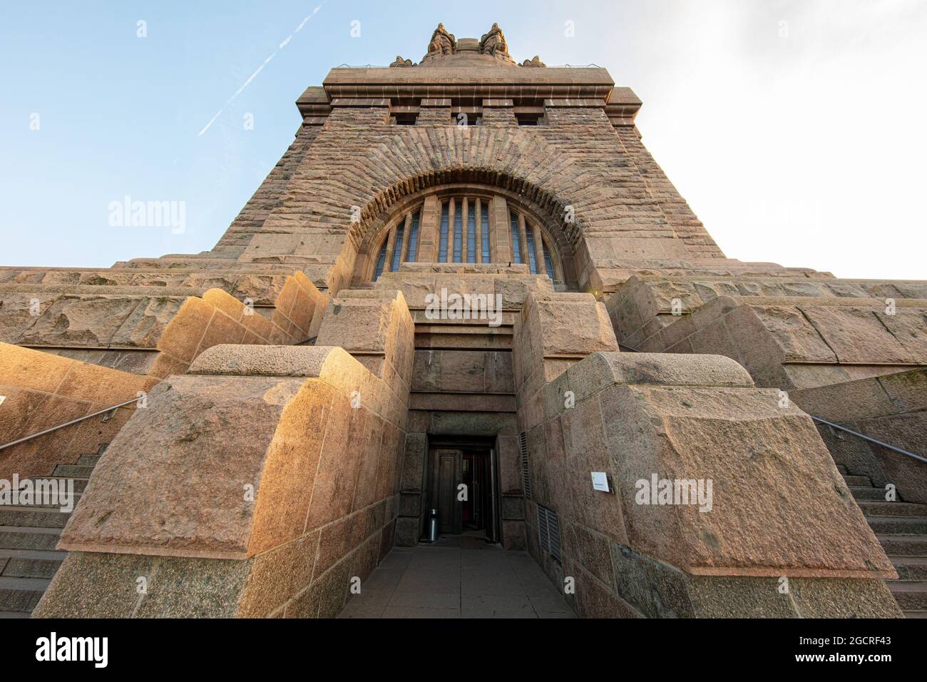 The entrance of the monument of the battle of nations at the city of Leipzig, Saxony, Germany. Wide Ange perspective of the historic building Stock Photo