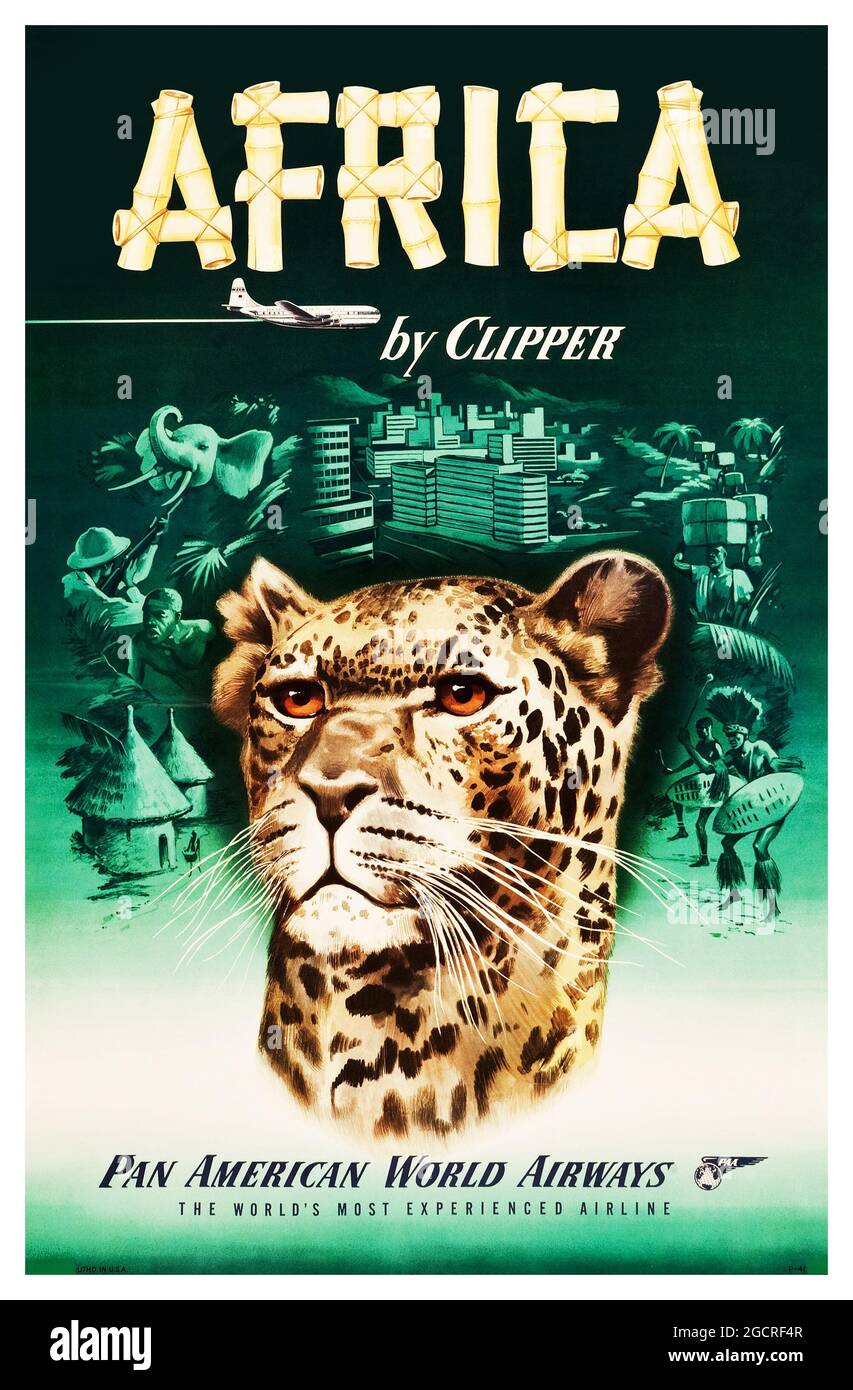 Vintage travel poster, retro advertisement for traveling to Africa by Clipper. Africa – Pan American (1950s) Pan Am poster feat. a Leopard. Stock Photo