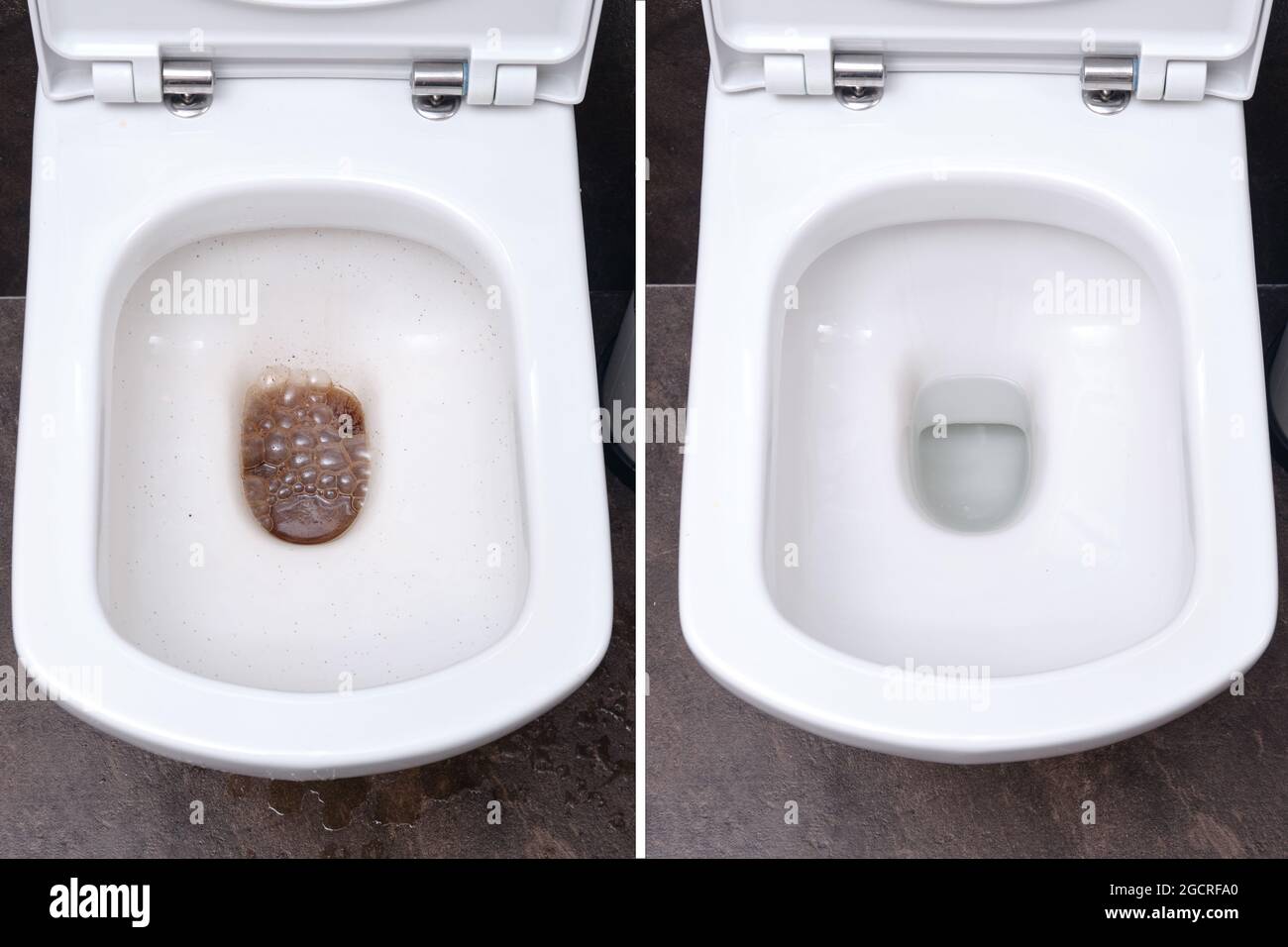 Toilet in the bathroom before and after cleaning the blockage, dirty and clean toilet bowl Stock Photo