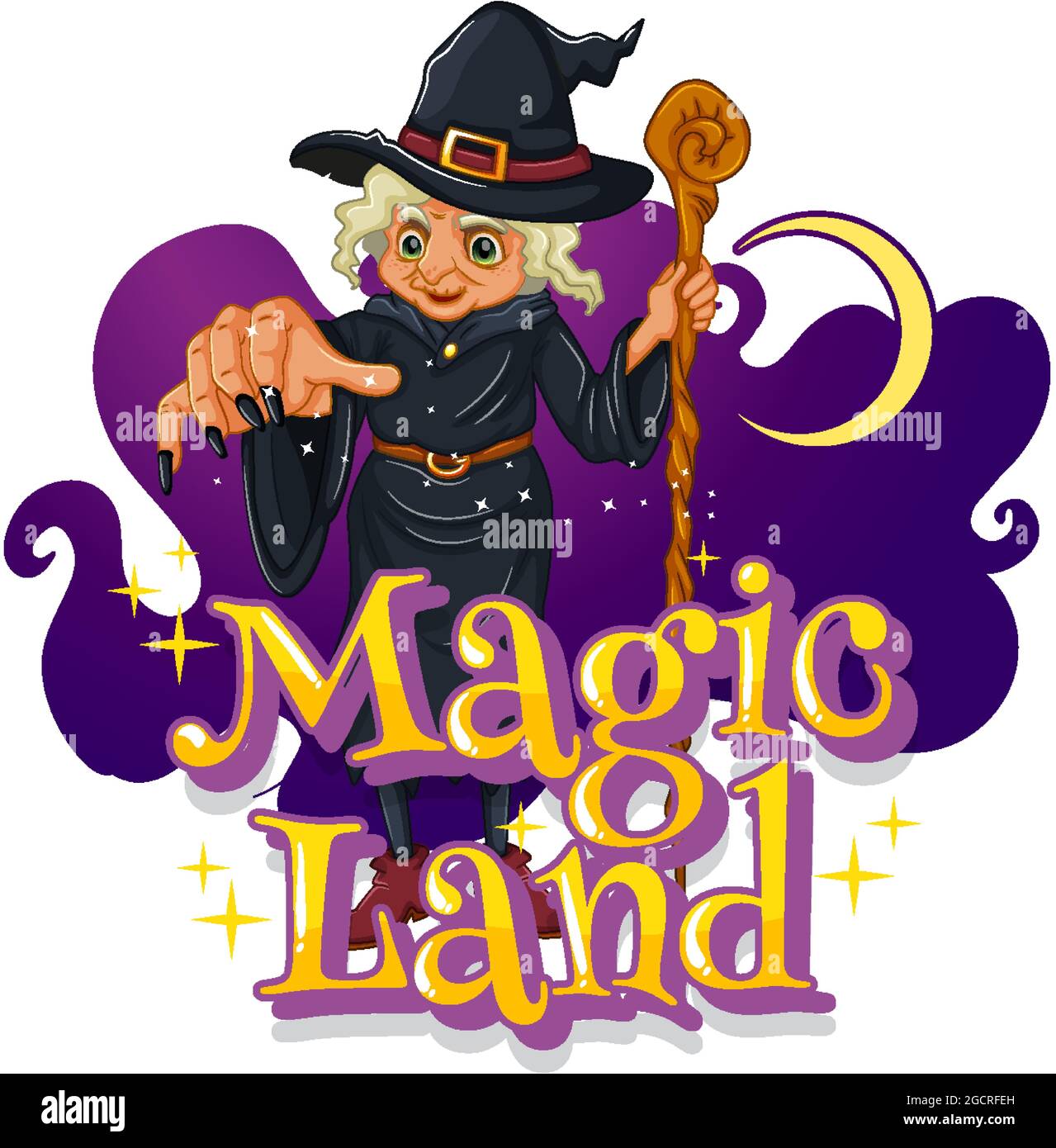 Magic Land font with a witch cartoon character illustration Stock Vector  Image & Art - Alamy
