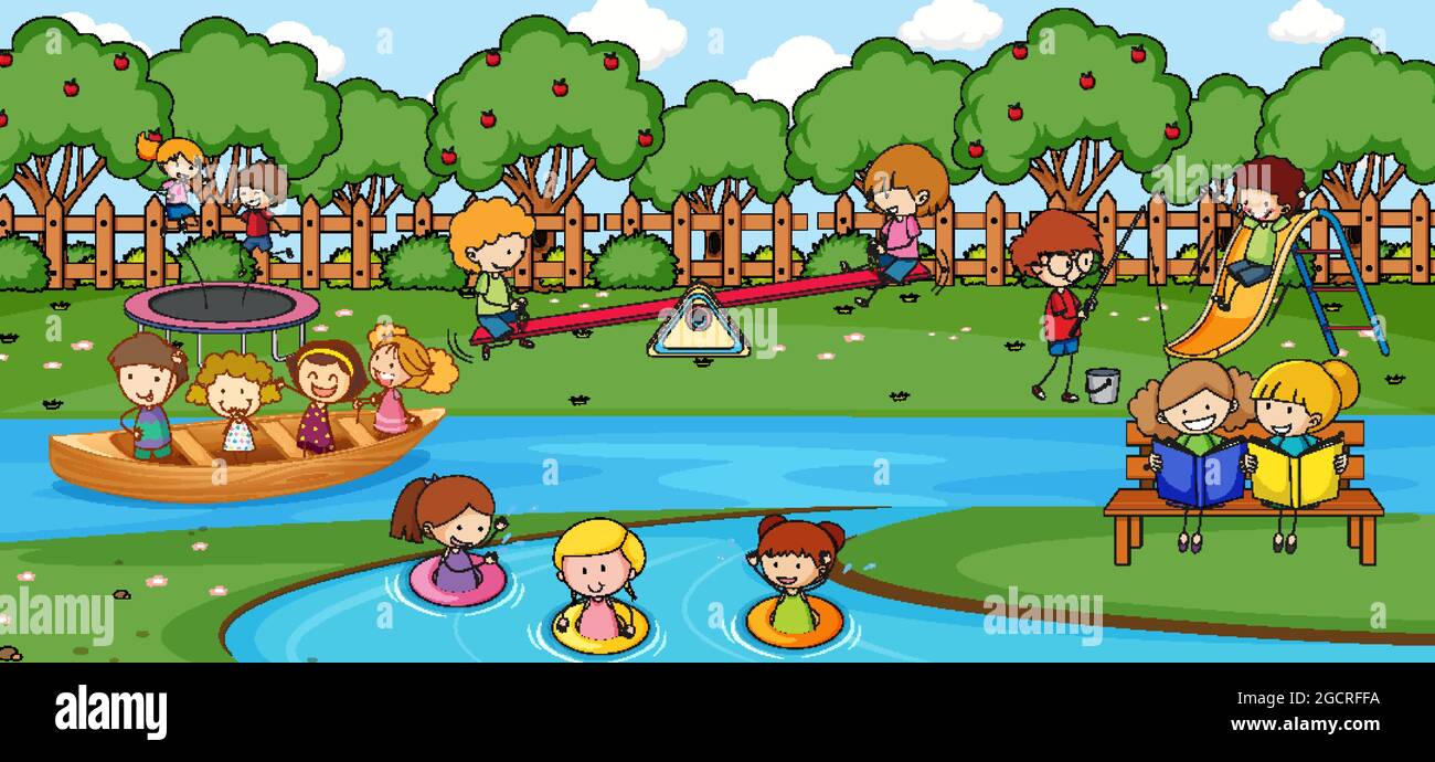 Outdoor scene with many kids playing in the park illustration Stock ...
