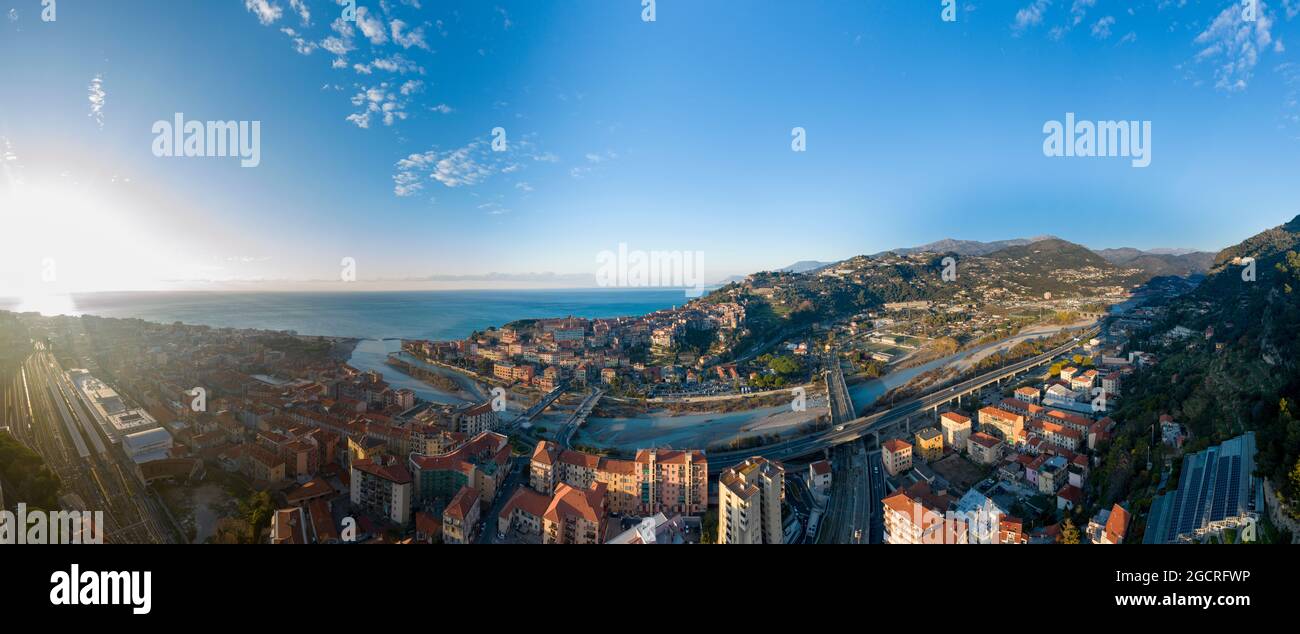 A panoramic view of Ventimiglia town the Roia river and the coastlines Stock Photo