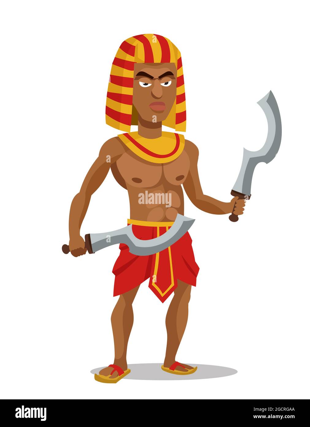 Egyptian warrior holding khopeshes. Male character in cartoon style. Stock Vector