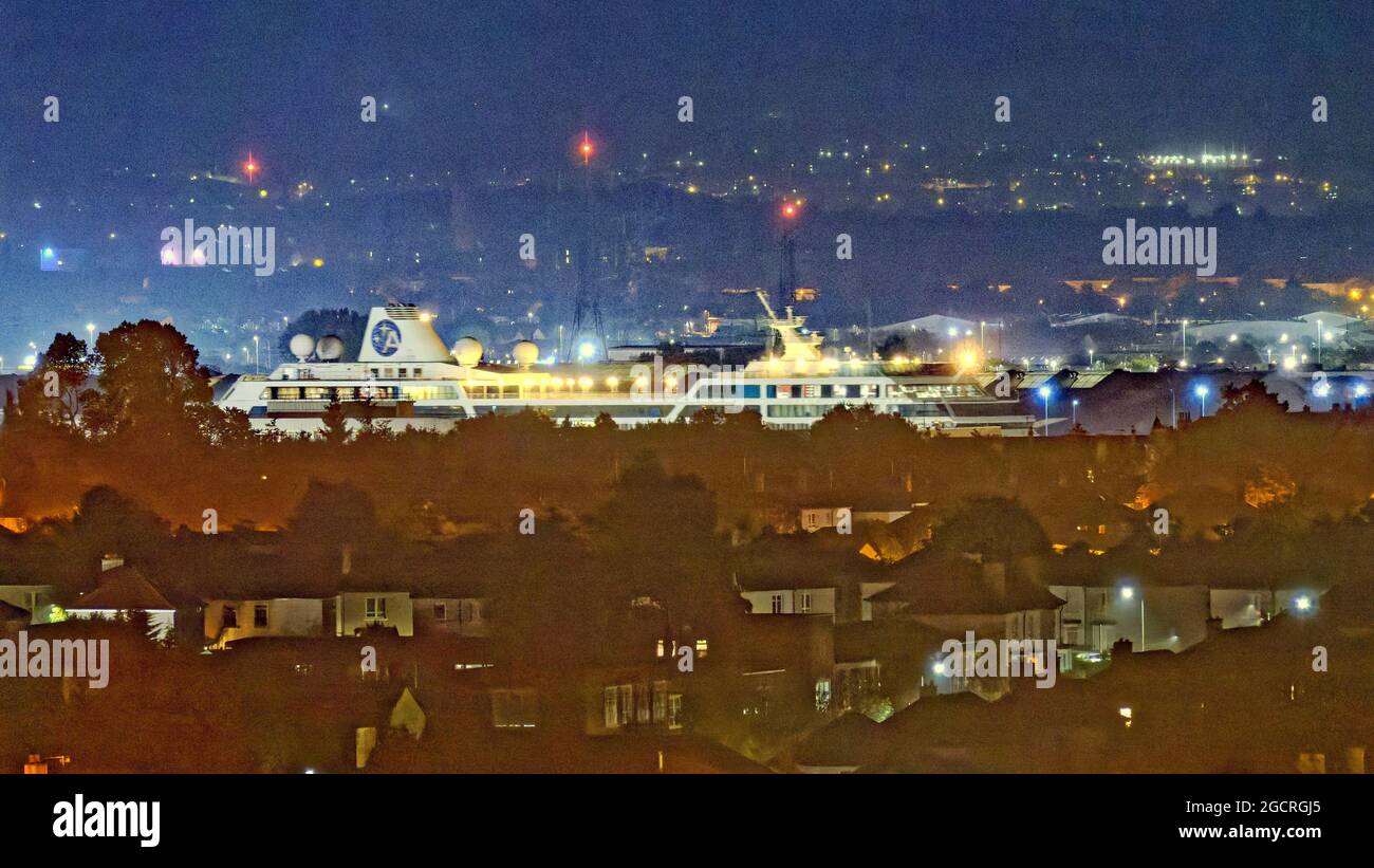 Glasgow Scotland Uk 10th August 2021 Last Of The Azamara Cruise Ships The Azamara Journey Leaves The Clyde Under Cover Of Darkness After Midnight As It Passes The Tenements And Xscape Sports