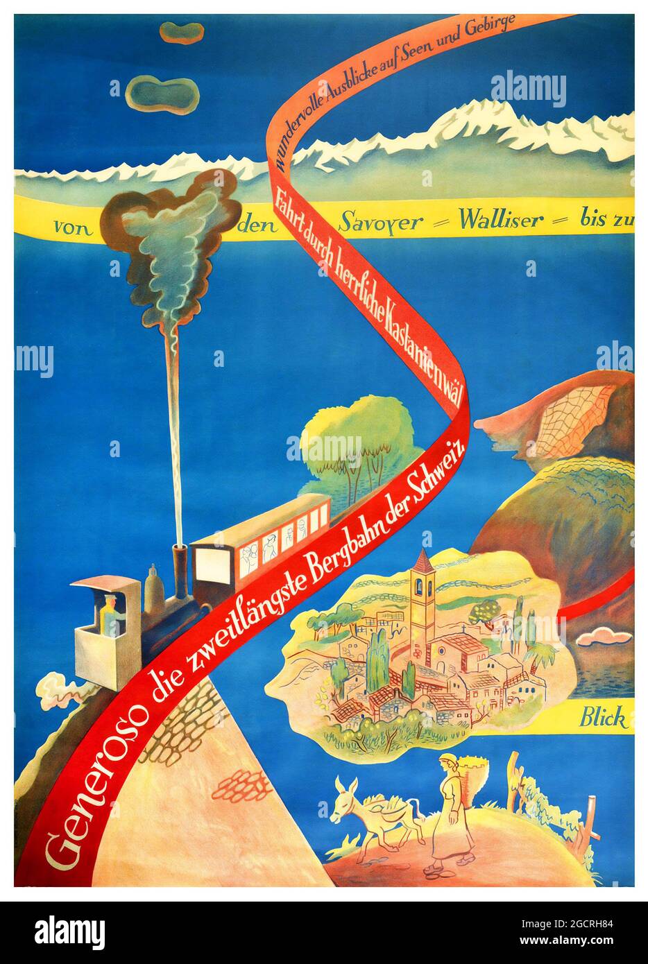 Vintage Travel Poster Switzerland, Suisse, Swiss, Schweiz. Retro advertisement. Monte Generoso Railway Valais Swiss Alps Mountain Train. 1930s. Stock Photo