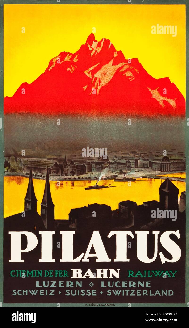 Lucerne, Switzerland Travel Poster (Bahn Railway, 1920s). Poster ”Pilatus”. Vintage Travel Poster Switzerland, Suisse, Swiss, Schweiz. Stock Photo