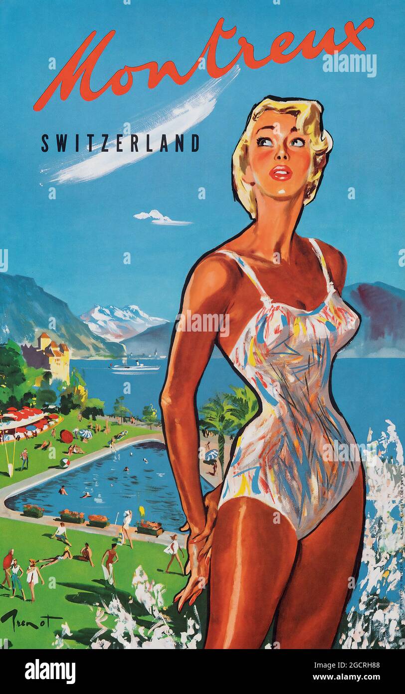 Vintage Travel Poster Switzerland, Suisse, Swiss, Schweiz. Retro advertisement. Montreux. 1950s poster. Woman in bathing suit. Stock Photo
