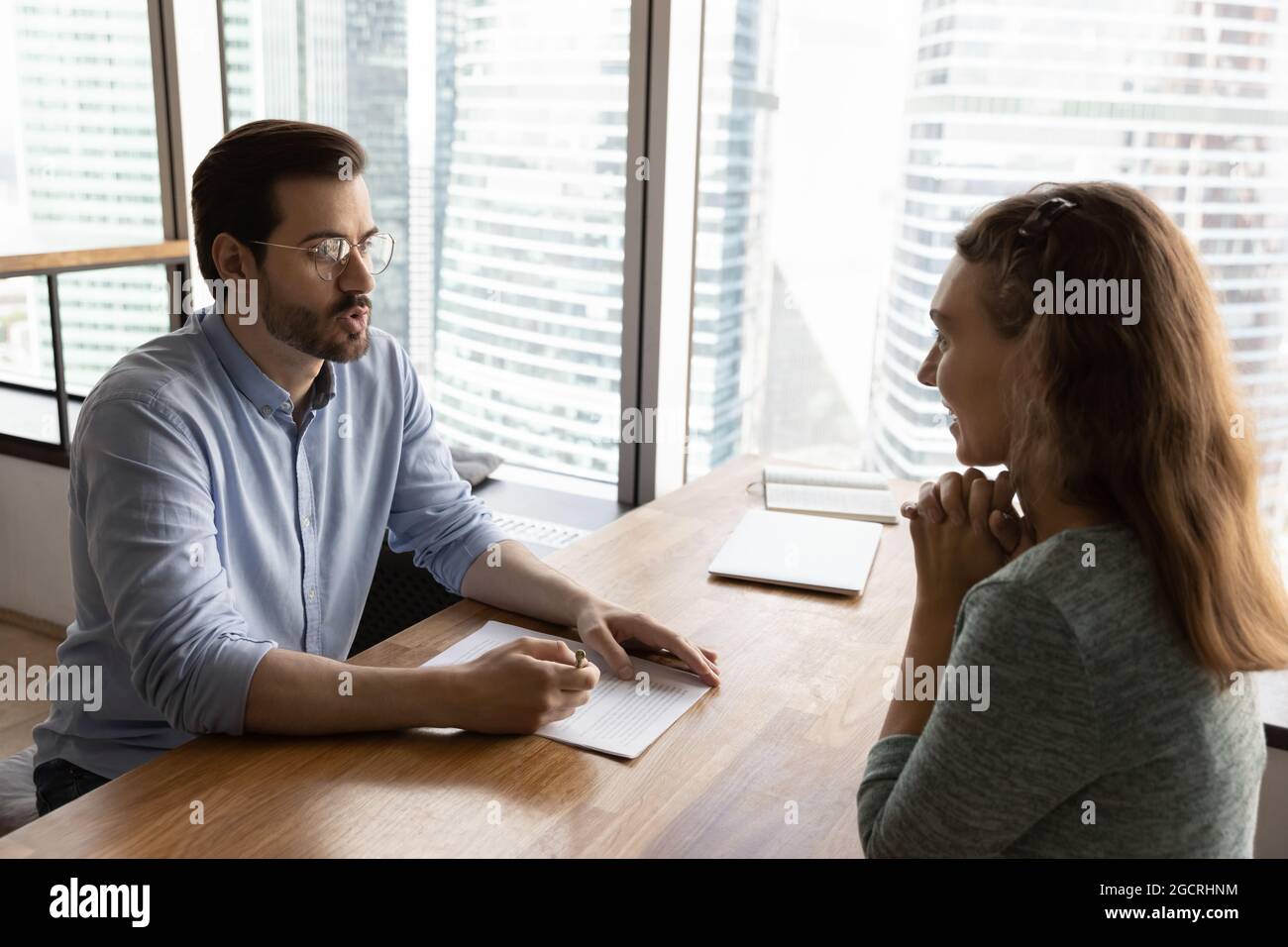 Employer, recruiter, hr manager interviewing job candidate Stock Photo