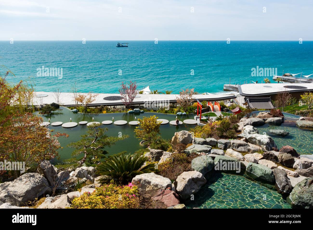 Mriya Yalta Crimea on April 28, 2021. View of the Japanese Garden and the Black Sea. A popular tourist place for recreation and walking. The ideal pla Stock Photo
