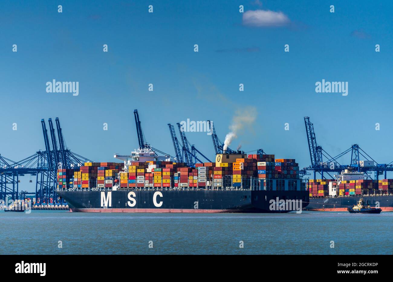 MSC Rapallo Container Ship entering Felixstowe Port. Shipping Air Pollution at UK Ports. Stock Photo