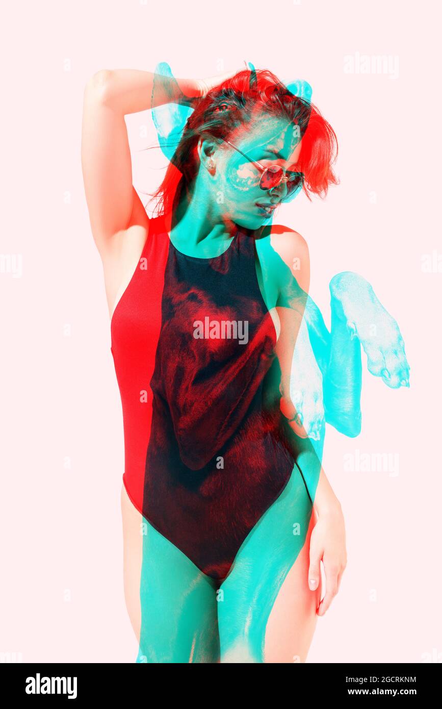 Pretty Young Woman And Silhouette Of Dog Isolated Over Pink Background With Glitch Effect Concept Of Beauty Fashion Aspiration Diversity Art Stock Photo Alamy