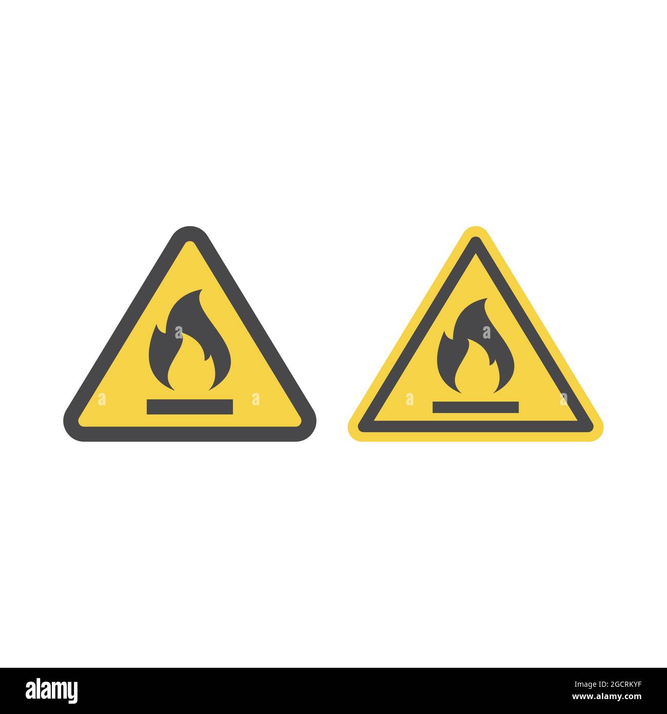 Highly flammable gas or liquid vector sign. Fire warning sign with flame in yellow and triangle. Stock Vector