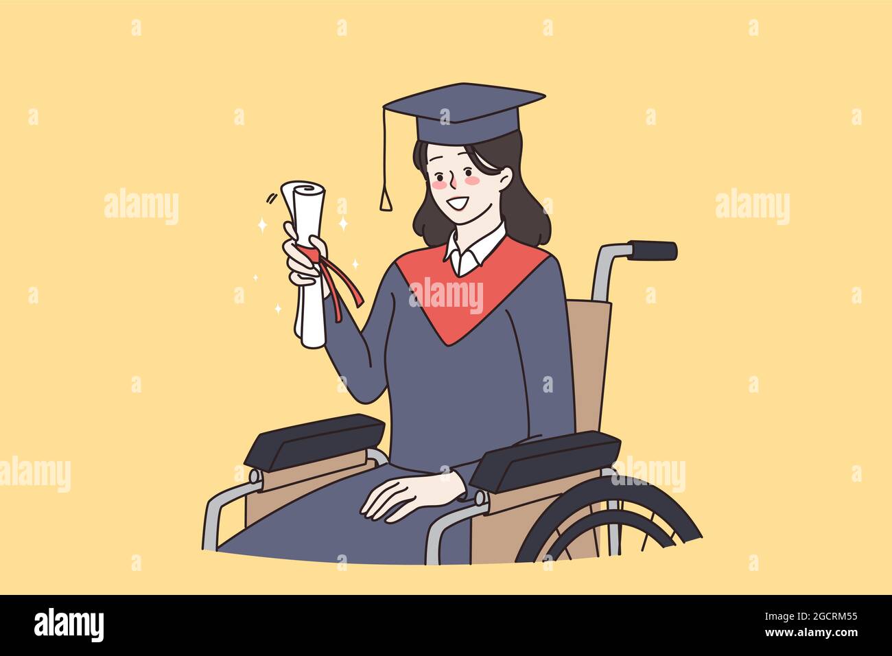 Disabled bachelor, inclusive education concept. Young smiling girl ...